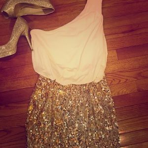 Gold Sequin, one-shoulder cocktail dress